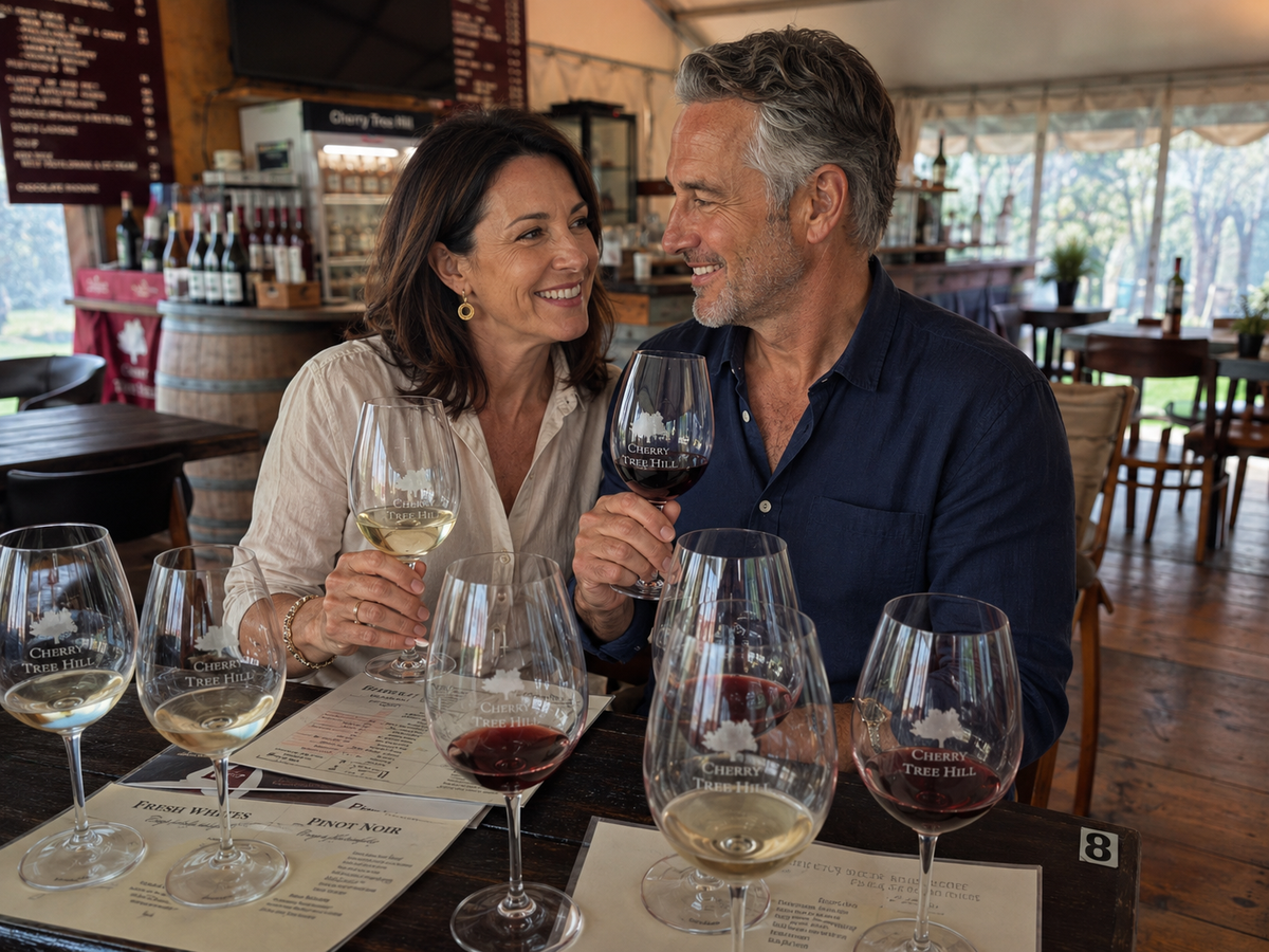 A couple in their early 50s enjoying a wine tasting at Cherry Tree Hill.