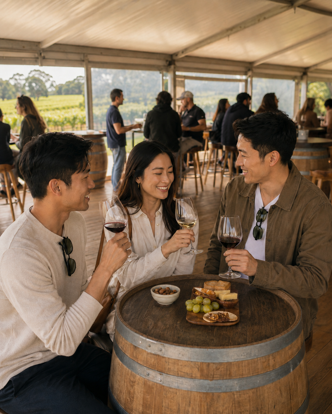 Two men and one woman drinking wine at Cherry Tree Hill vineyard