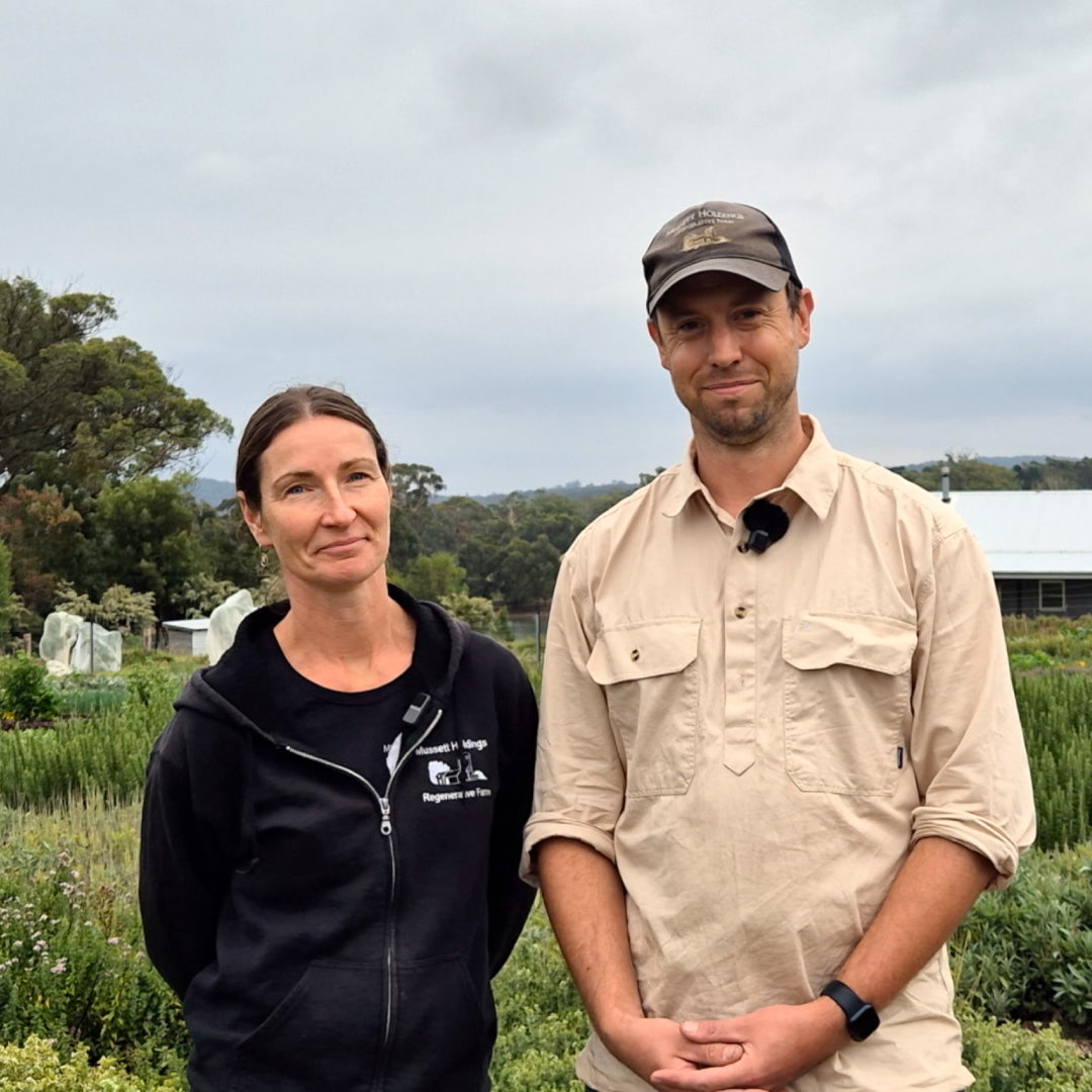 Connie & Will from Mussett Holdings standing in their regenerative garden