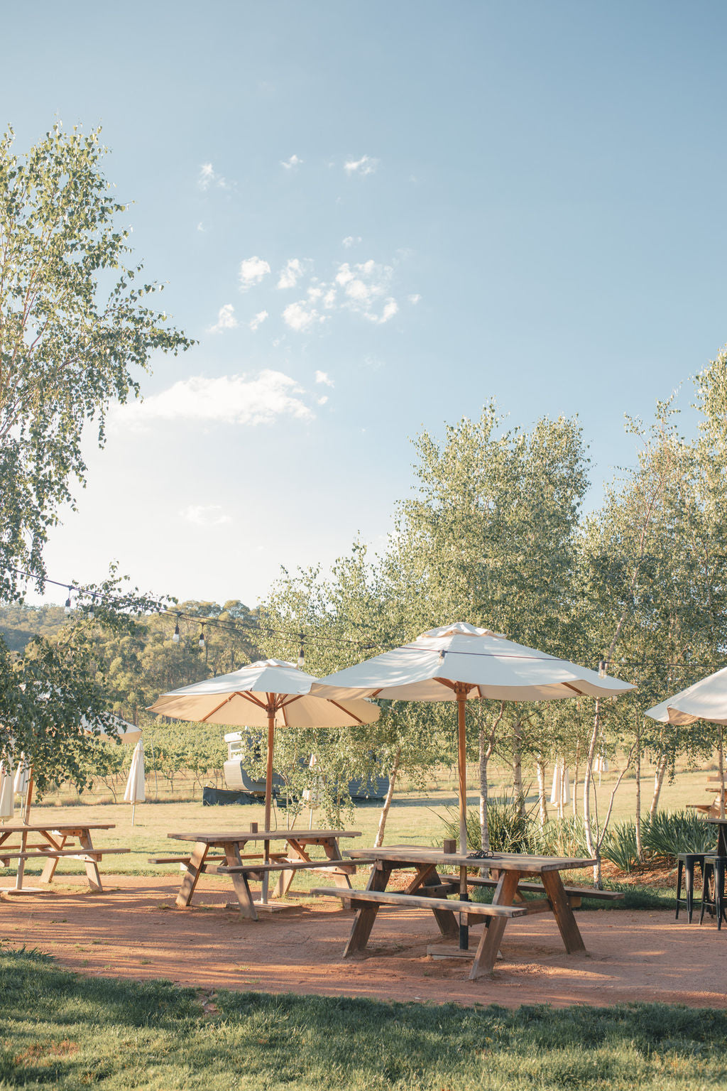 Outdoor picnic area with wooden picnic tables and large cream patio umbrellas on a red dirt patio, surrounded by green trees under a blue sky.