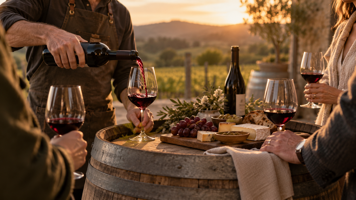 Golden sunset in a vineyard with pinot noir being poured into a glass