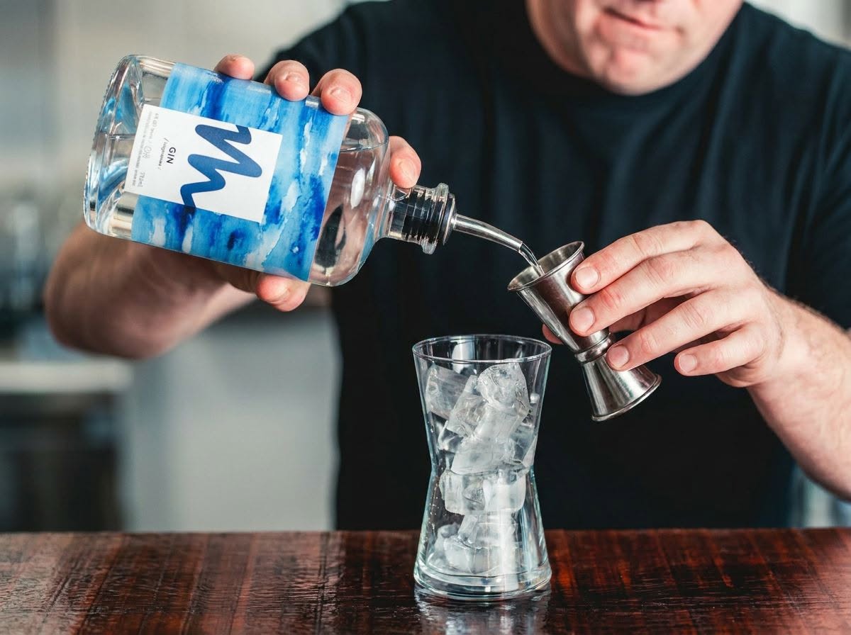 Pouring a measure of Millsheds gin over ice at the bar